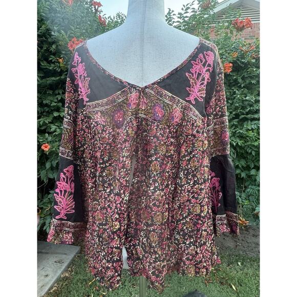 Raga Embroidered Peasant Top Crop Pink Hippie Boho Gauze Plunge Large NEW - Picture 3 of 7